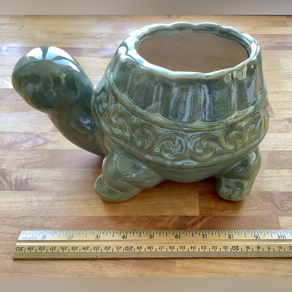 SOLD - Green Glazed Ceramic Turtle Planter - Picture 2 of 8